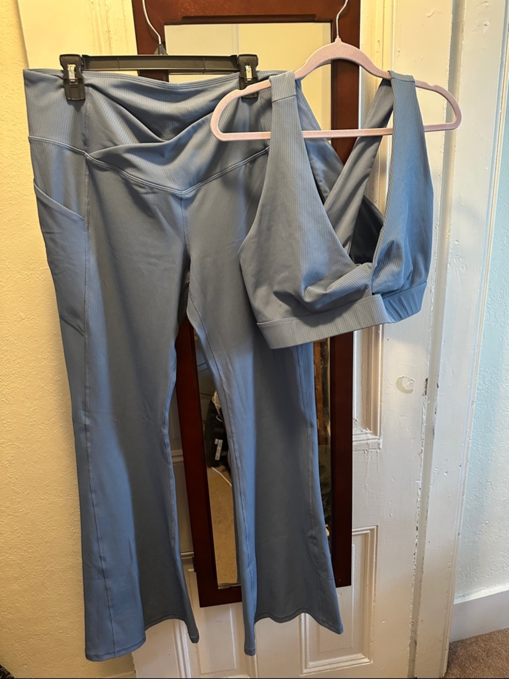 Fabletics Light Blue Ribbed Flare Pants with Matching Cross-Back Sports Bra